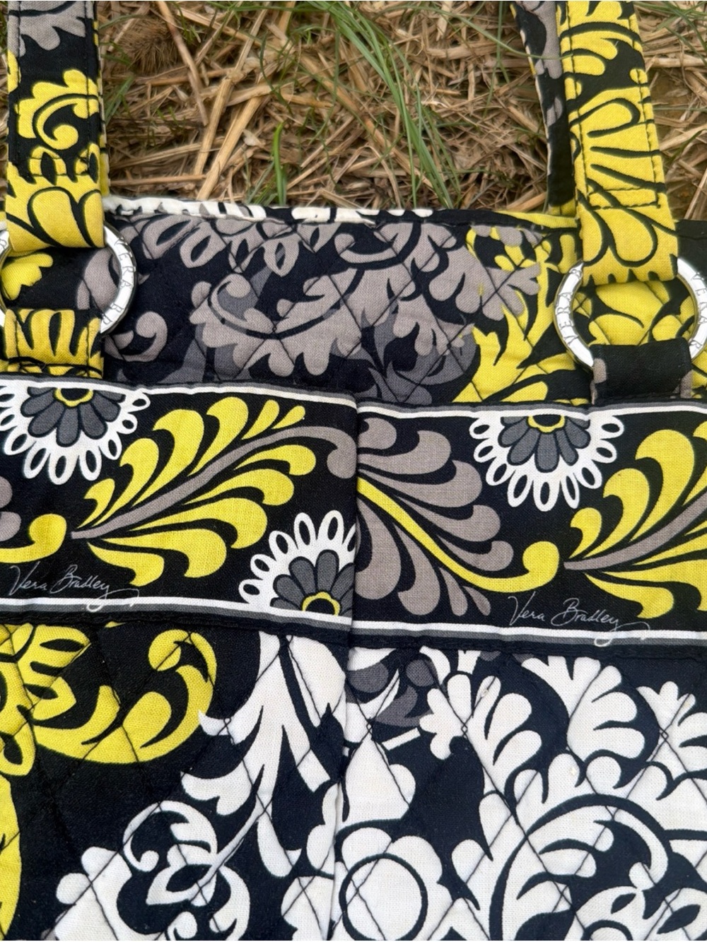 Vera Bradley Black Yellow Gray Floral Quilted Crossbody Tote